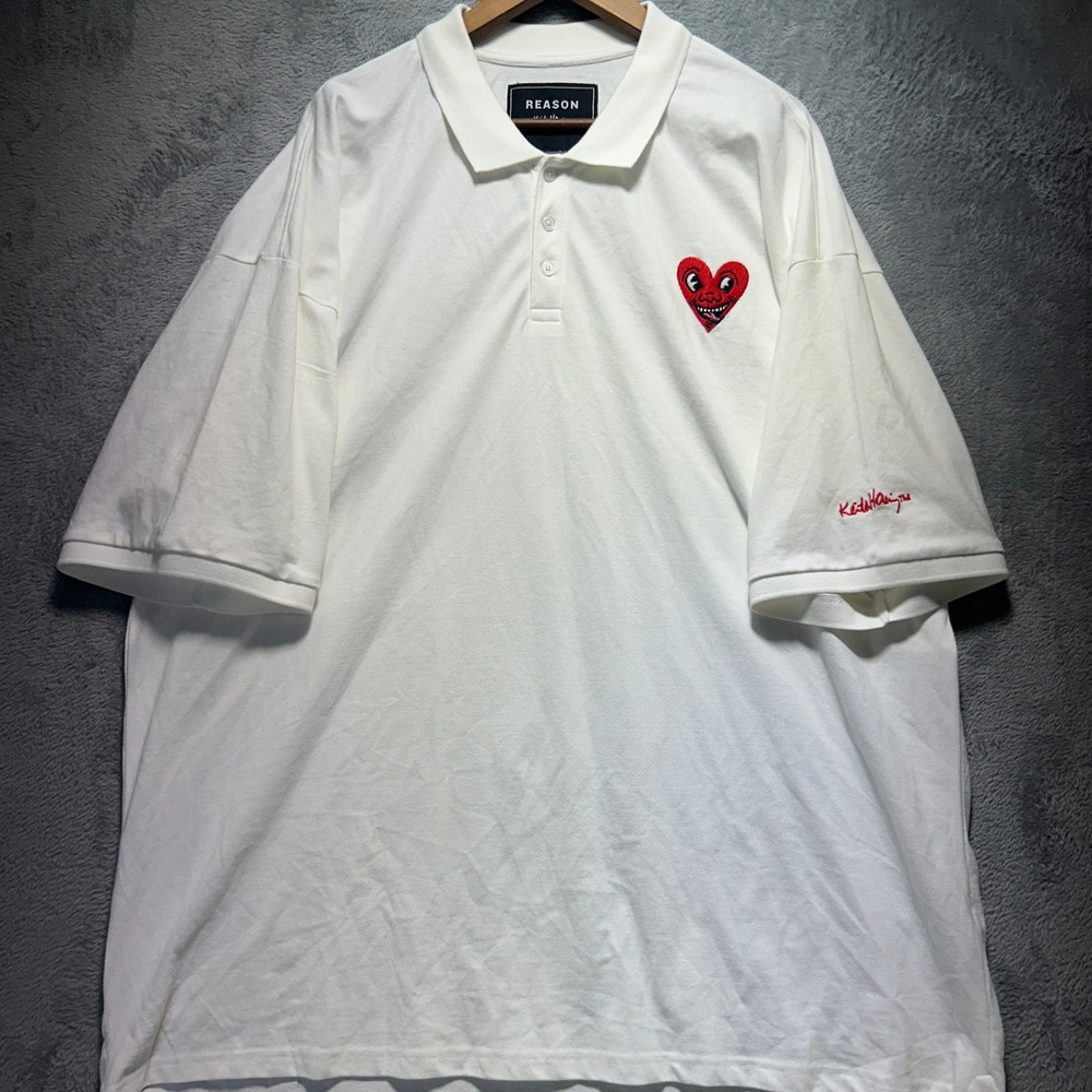 Reason x Keith Haring Mens XXXL White Cotton Heart Embroidered Polo Shirt 3XL
